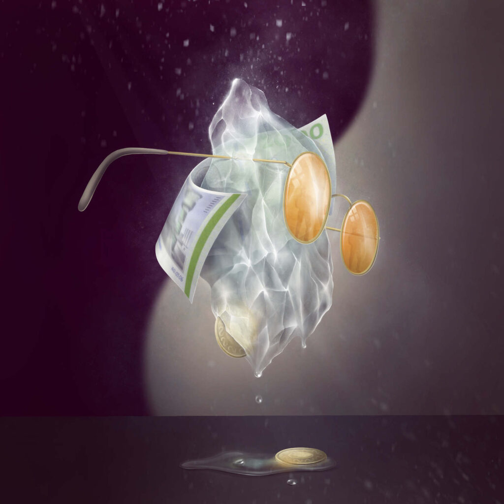 Svævende klump is med solbriller på. En mønt er frosset ind i isen, og en pengeseddel svæver omkring den.