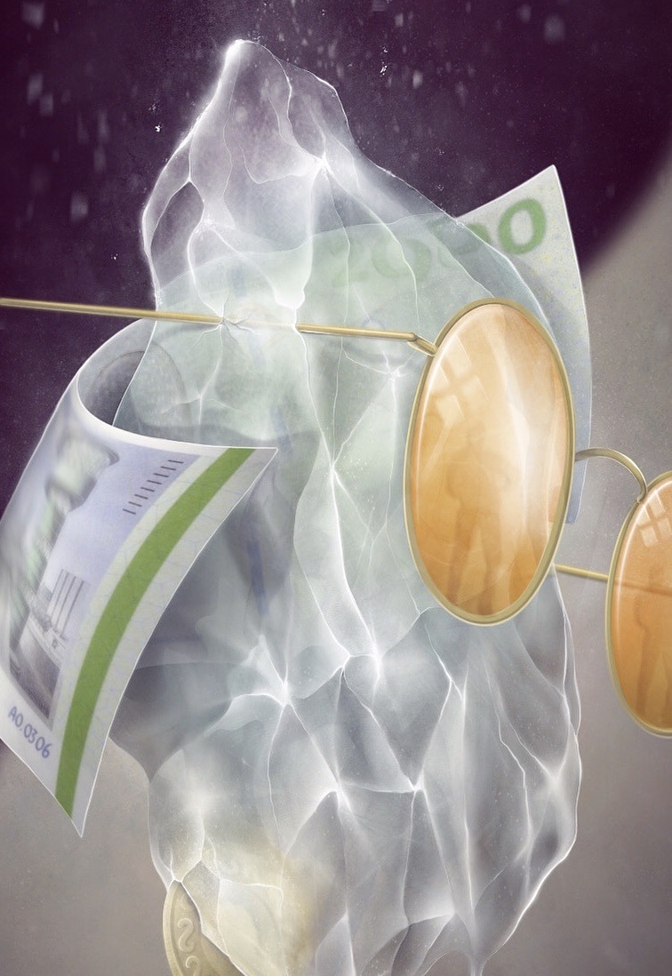 Svævende klump is med solbriller på. En mønt er frosset ind i isen, og en pengeseddel svæver omkring den.